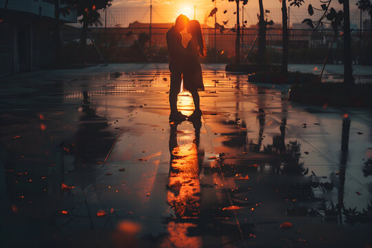 Romantic silhouette of a loving couple embracing at sunset with beautiful reflections on a wet street