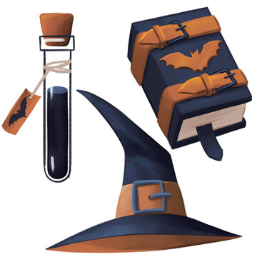 Navy Orange Witch Set Bat Test Tube Buckled Book Hat Clipart Sticker Pack