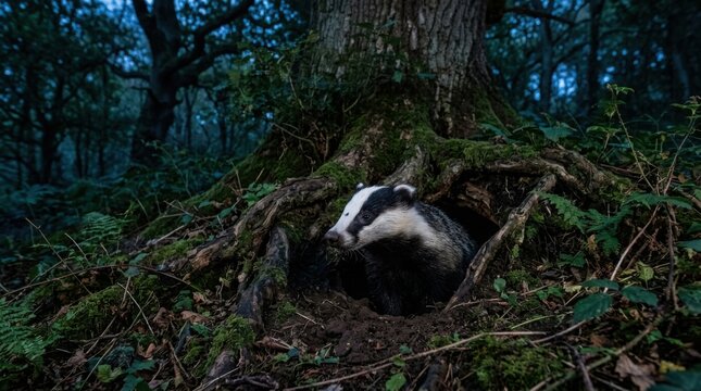 European badger walking in a dark forest at night