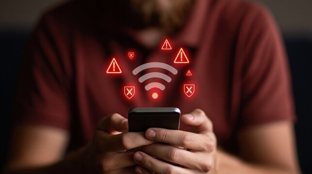 Cybersecurity warning on a smartphone screen showing digital hacking threats malware and insecure public wifi risk