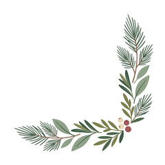 Fototapeta premium Christmas day, Hand-drawn botanical Christmas corner frame, winter greenery border with pine needles and berries, festive evergreen foliage vector illustration isolated on White Background