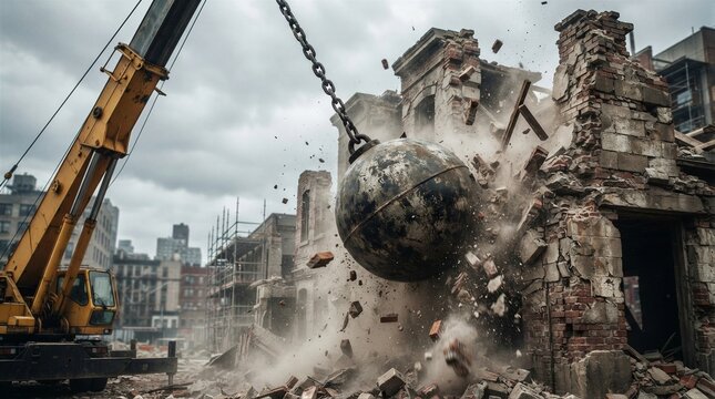 Wrecking ball demolishing brick building on urban construction site
