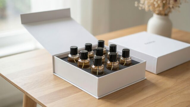 A luxury white gift box filled with small perfume tester bottles sits on a wooden table in bright natural light. Ideal for cosmetics branding and fragrance packaging design.