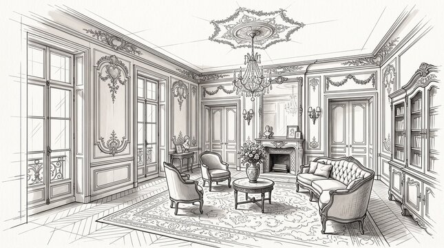 Architectural hand-drawn pencil sketch showing a opulent French classic living room interior with wainscoting wall moldings, fireplace, sofa, armchairs, and chandelier.