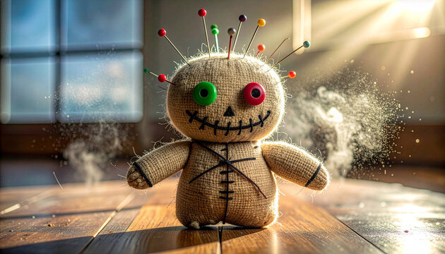 Spooky voodoo doll made of burlap fabric with pin needles in head and button eyes sitting on old books with burning candles in blurred background