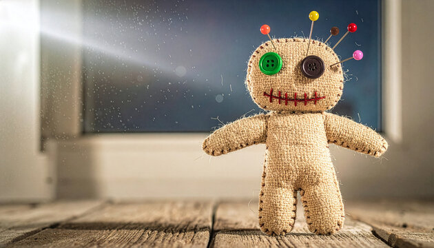 Mystical Halloween voodoo doll crafted from sackcloth with colorful sewing pins and button details placed on wooden surface with candlelight bokeh