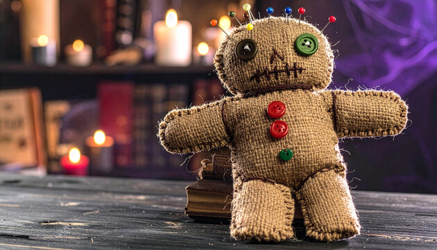 Spooky voodoo doll made of burlap fabric with pin needles in head and button eyes sitting on old books with burning candles in blurred background