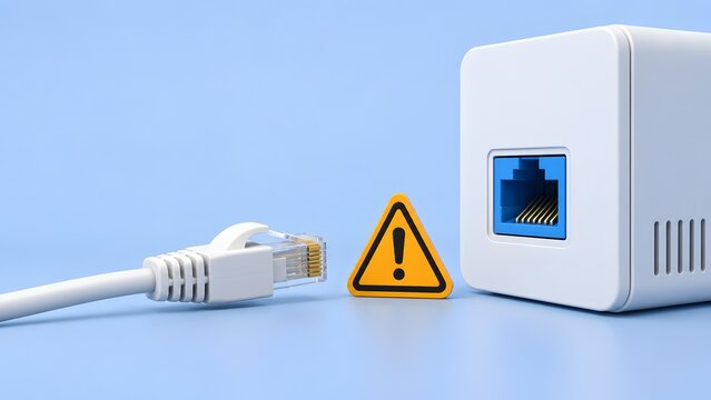 Disconnected ethernet network cable with yellow warning sign on blue background indicating internet connection error or network failure