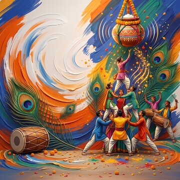 Dynamic dahi handi human pyramid celebration with colorful watercolor splash and peacock feathers indian festival krishna janmashtami indian cultur