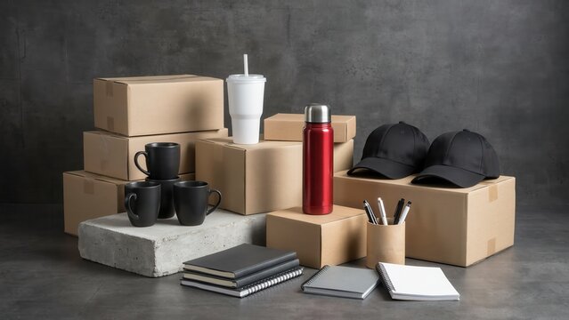 A collection of corporate merchandise and promotional products arranged with cardboard boxes on a dark background. Great for branding and corporate identity design presentation.