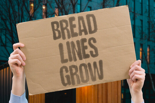 "Bread lines grow" Urban queues lengthen as shelves empty. BREAD. LINES. GROW. URBAN. QUEUES.