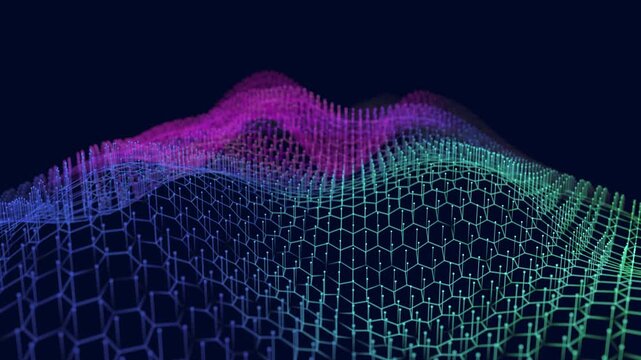 Abstract technology background  wavy сщдщк hexagonal grid  on dark. Analytics data algorithms. Big Data. Computing concept. Banner for business, science and technology.