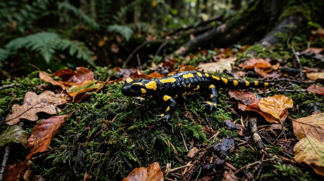 Fire salamander crawling on forest moss with autumn leaves