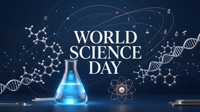 A blue conical flask illuminated with glowing liquid stands amidst scientific diagrams and molecular structures chemistry erlenmeyer laboratory science research molecule dna