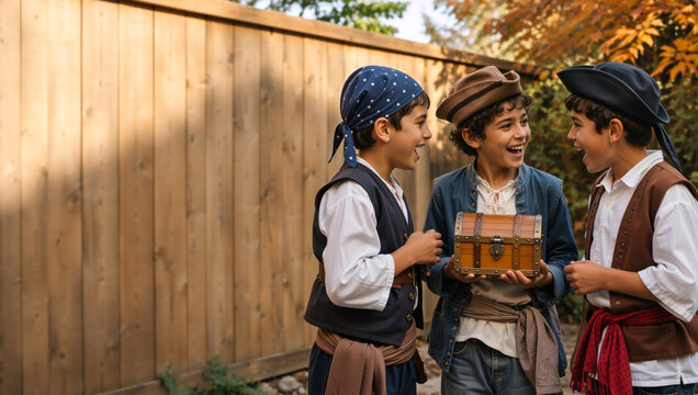 Three young boys in pirate costumes laughing together. Children holding a wooden treasure chest outdoors by a fence. Halloween roleplay and friendship concept