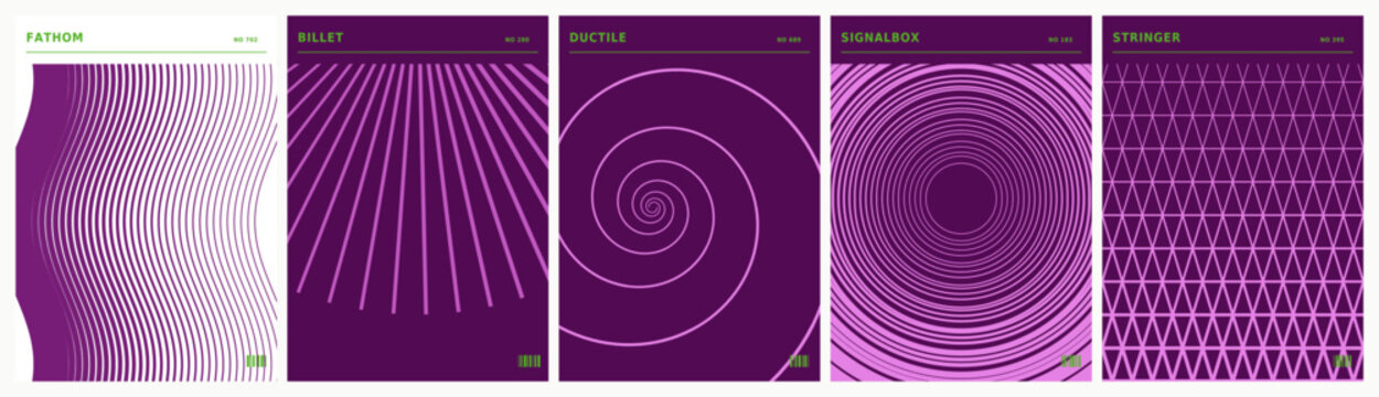 Abstract geometric purple line poster set featuring wave and radial designs ideal for print and interior decor.