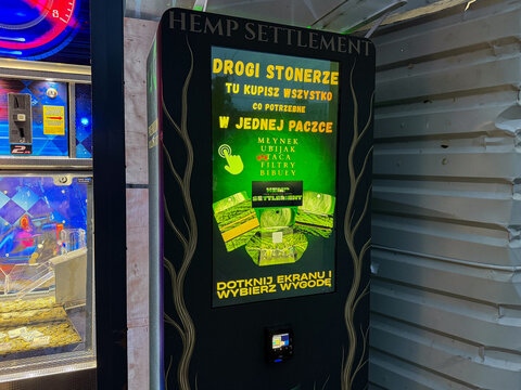Poznan, Poland - January 1, 2026: Hemp Settlement vending machine providing smoking accessories, a digital kiosk offering a convenient retail experience for premium rolling supplies