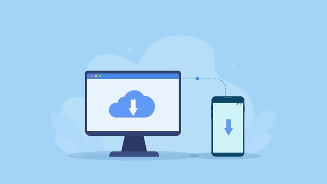 Flat vector animation showing cloud file download between a desktop monitor and smartphone, with download icons on a soft blue background.