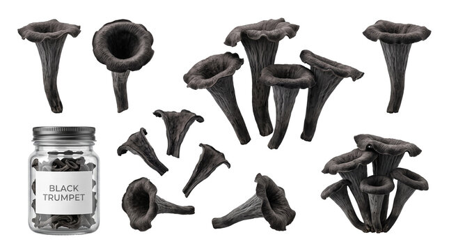 Rare eatable black trumpet mushroom isolated png set