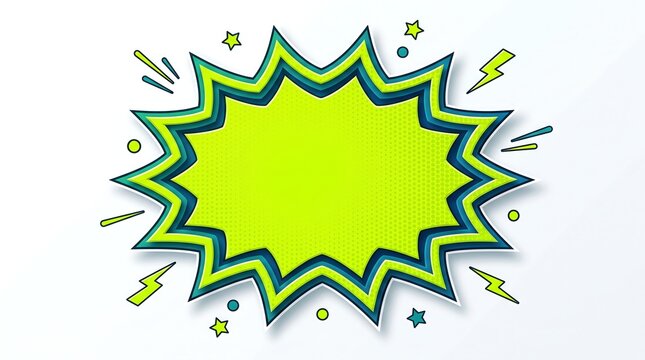 Vibrant lime green comic book explosion speech bubble with lightning bolts and stars isolated on a white background.
