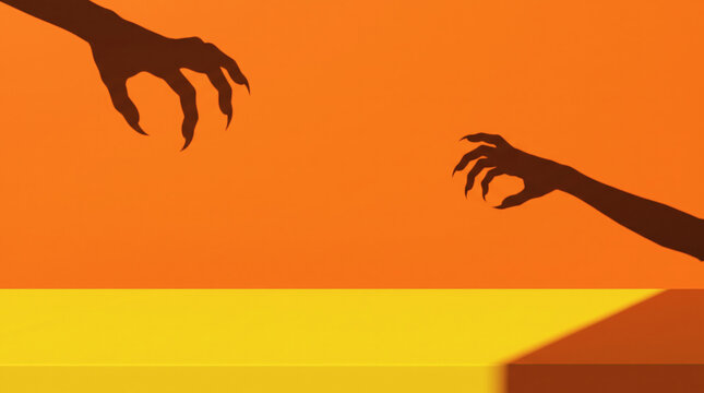 Minimalist Halloween product display podium with monster claw hands shadow on orange background