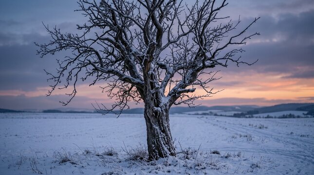 Leafless tree standing alone in snow-covered field during winter sunset