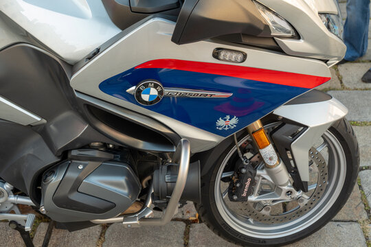 Closeup of BMW R1250RT motorcycle front fairing and wheel detail