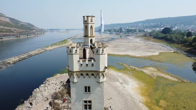 Aerial view of Binger M&auml;useturm on the Rhine River in Bingen, Germany
