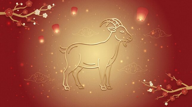 Chinese New Year 2027 Year of the Goat illustration with gold goat and red lanterns