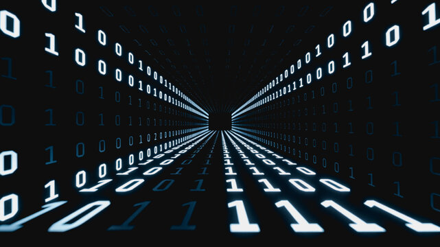 A perspective view of binary numbers forming a tunnel, representing digital data flow and cyber space.