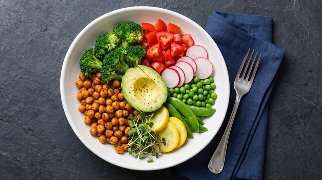 Top View Healthy Veggie Salad Bowl for Clean Eating Diet
, Healthy Buddha Bowl with Avocado Roasted Chickpeas and Fresh Vegetables

