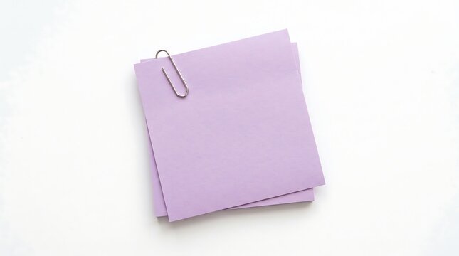 Stack of blank purple sticky note papers fastened with a silver metal paper clip isolated on a white background.