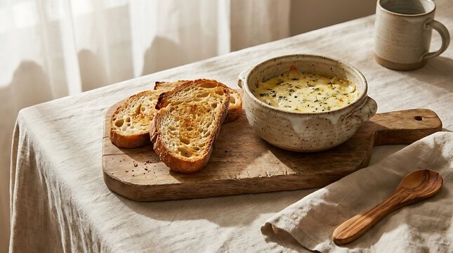 Fresh slices of bread with a bowl of soup on a rustic wooden board at a cozy morning breakfast table. dip and toast combo