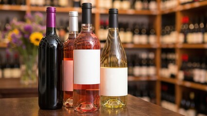 Obraz premium Four assorted wine bottles with blank labels standing on a counter in a wine shop. Ideal for wine tasting and winery marketing concepts.