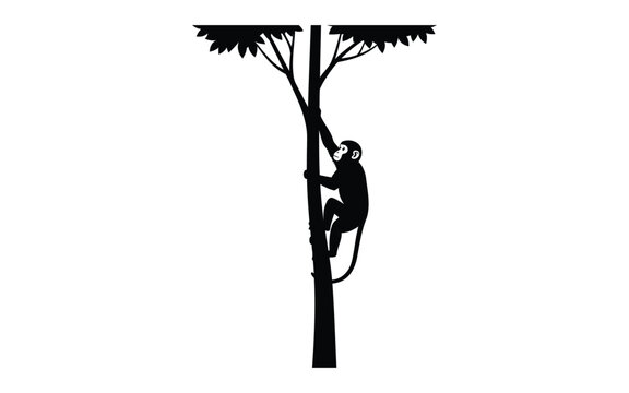 Black silhouette of a monkey climbing a tall tree primate