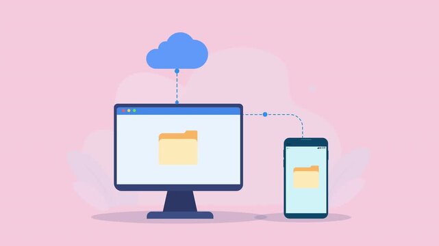 Flat vector animation showing cloud file synchronization between a desktop monitor and smartphone, with folder icons on a soft pink background.