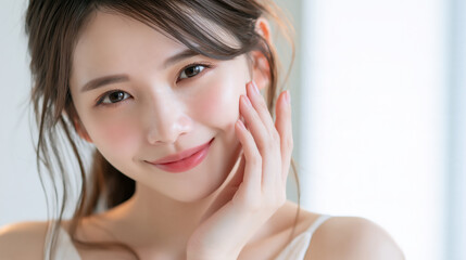 Fototapeta premium Beautiful Asian Woman Smiling and Gently Touching Her Face