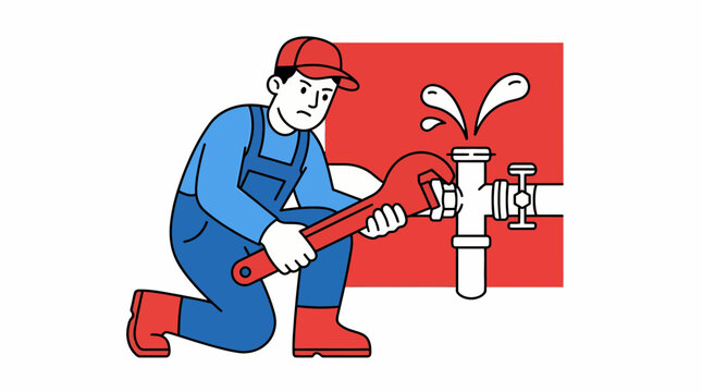 A plumber in blue overalls and a red cap is kneeling and using a wrench to fix a leaky pipe. Water is spraying from the pipe.
