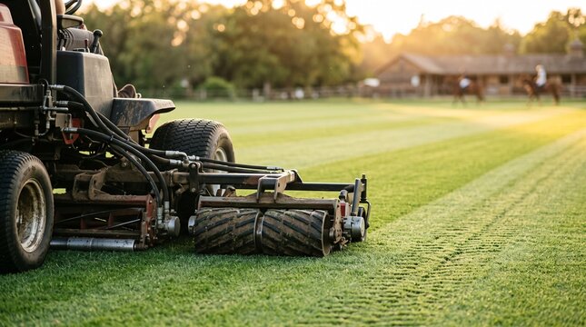A professional groundskeeper cutting a lush polo field with a reel mower during a sunset