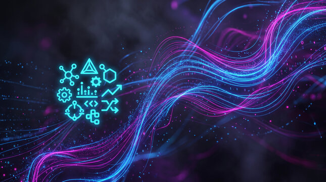 Abstract digital art with glowing neon lines and binary code, representing data flow, technology and innovation, perfect for tech concepts.