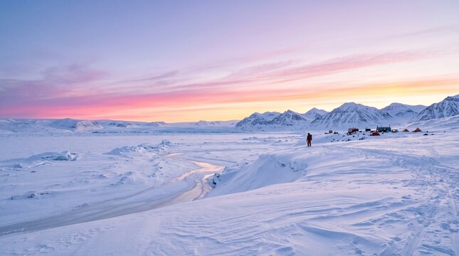 Two skiers enjoying winter landscape during sunset at snow-covered mountain range during winter solstice