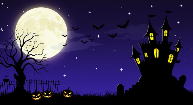 Spooky Halloween night background with haunted castle graveyard full moon bats and glowing jack o lanterns illustration.