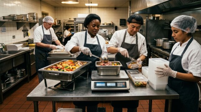 Christmas Food Rescue and Surplus Donation Busy kitchen staff preparing meals in a professional environment.