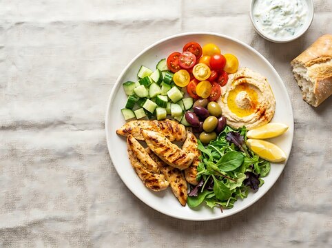 Healthy grilled chicken salad plate with hummus fresh vegetables and lemon on a grey wooden table. light lunch options