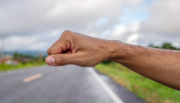 Close-up of a person's hand with water droplets on skin, extending outdoors near a road under a cloudy sky