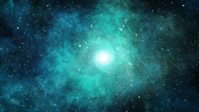 Vibrant teal cosmic nebula with bright central star and glowing stardust clusters in the mysterious depths of outer space