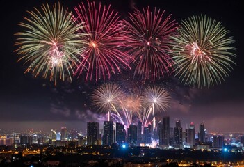 Obraz premium Vibrant Fireworks Display Over City Skyline at Night