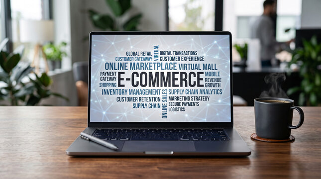 Laptop displaying an e-commerce word cloud on a wooden desk, representing online commerce concepts and business growth