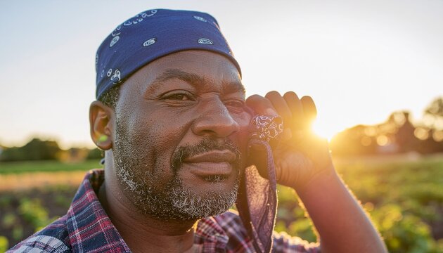 Authentic portrait of a dedicated African American farmer squinting and wiping his face against the warm glow of the setting sun in a rural field, reflecting hard work and resilience