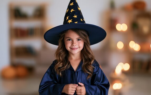 Young Girl in Wizard Costume Posing for Halloween Photo